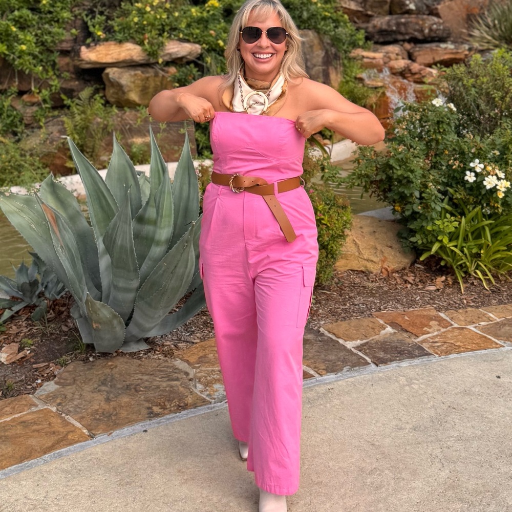 Strapless Pink Wide-Leg Jumpsuit with Belt